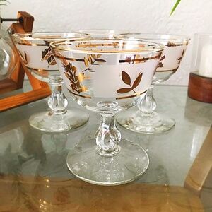 Libbey Glass Vintage MCM Champagne Coupe Sherbert Glasses “Golden Foliage” 50s
